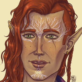 Picture of Estelle Lavellan from Dragon Age Inquisition. He has strong features, green eyes and red hair. he has a white tree like tattoo over his face and a scar over his left eye